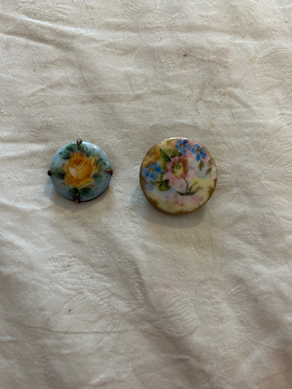 Vintage Floral Porcelain Brooches in Yellow, Blue, Pink